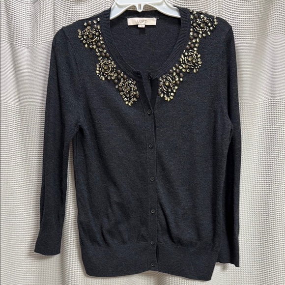 LOFT Women's Charcoal Embellished Sweater SZ M EUC gold beading work date nite - Picture 1 of 6
